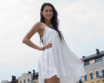 White Loose Summer Dress, Boho Resort Mini Ruffled Sundress