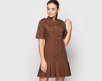 Pleated dress mini, High neck safari dress for women, chocolate brown dress, Military style dress, Cocktail Party cotton dress TAVROVSKA