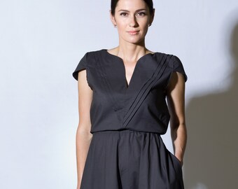 Summer Cotton Dress by TAVROVSKA, Gray Long Dress with Lining, Floor Lightweight Woman Dress, Long Midi Cup Sleeve V-neck Dress