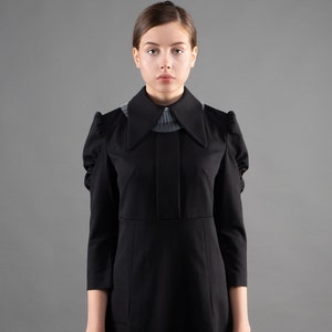 Black Mini Dress with White Pleated Collar, Puff Sleeves
