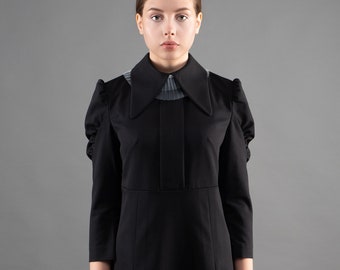 Black Mini Dress with White Pleated Collar, Puff Sleeves