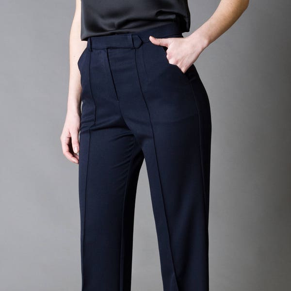 Geklede broek hoge taille, dameswerkbroek, Navy Office-broek, jurkbroek, werkbroek met zakken dames, broek met rechte pijpen TAVROVSKA
