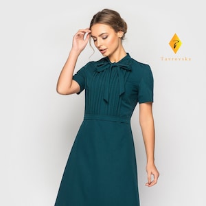 Dark Green bow neck Dress, Cocktail 60s dresses for women, A line Casual Office Dress, Professional dress, Contemporary workwear TAVROVSKA