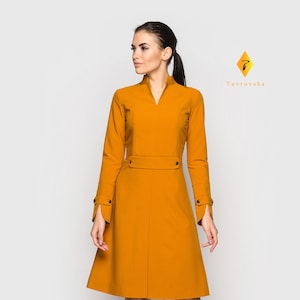 Mustard Cocktail Dress, Wedding guest Stand Collar Dress, Long Sleeve Autumn winter Office Dress, Skater Bridesmaid LBD TAVROVSKA