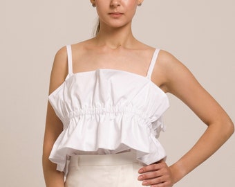 Frilled neckline spaghetti strap top, Ruffled neckline blouse women, White cotton volume cami top woman, Summer vacation outfit TAVROVSKA