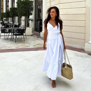 White flowy summer dress, Maxi sundress for women, Long white beach dress cotton, Wrap dress sleeveless, Luxury resort outfit TAVROVSKA