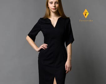 Black V-Neck Midi Dress Elegant Office Kimono Style attire women Belted pencil attire knee length Modest dress women secretary outfit
