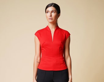 High neck cap sleeve red blouse women, V neckline short sleeve tops for women, Fitted office blouses,  Cap sleeve shirt, Workwear TAVROVSKA