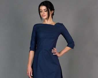 Navy simple dress, Holiday cocktail dresses, Fit and flare dresses for women, Modest dresses for wedding guest, Professional dress TAVROVSKA