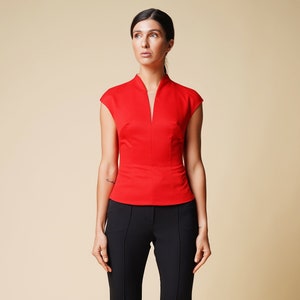 High neck cap sleeve red blouse women, V neckline short sleeve tops for women, Fitted office blouses,  Cap sleeve shirt, Workwear