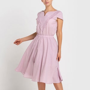 Summer Pink shirt dress, Cotton Dresses for women, Midi Fit and flare Women clothes, Pleated Blouson Dress, Elastic waist dress