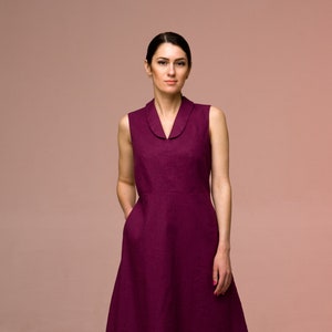 Purple Linen Dress sleeveless, Shawl collar summer dress for wedding guest, Midi dresses for women, Fit and flare dress pockets