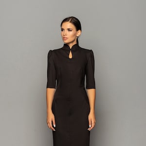Elegant office dress, Black fitted dress mandarin collar, Modern female meeting outfit Professional clothing Keyhole work Dress TAVROVSKA