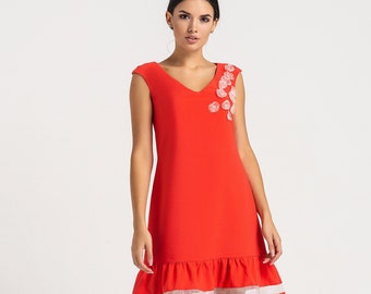 Red mini ruffled dress women, Flower Summer Dress with transparent insert, Sleeveless cocktail dresses for women TAVROVSKA