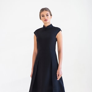 Black Cheongsam Dress, Elegant wedding guest dress, Simple Cocktail Dress, Fit and flare dress mandarin collar, Professional dress TAVROVSKA
