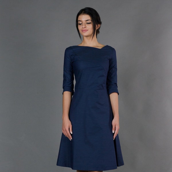 Blue Wedding guest dress Modest Cocktail Dress,  Formal fit and flare dress, Simple Party dresses for women, Elegant office dress TAVROVSKA