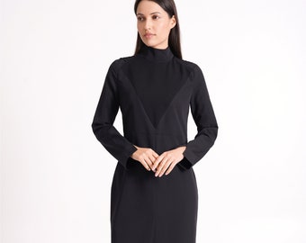 Black modern office dress, High neck dress long sleeve, Contemporary work wear women, Professional dress, High neck pencil dress TAVROVSKA