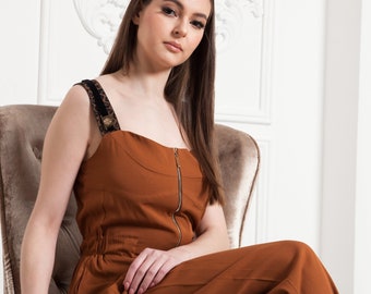 Sommer weites Bein Overall Frauen, Elegante formelle Brautjungfer Overall, Hochzeitsgast Kleid, Braune Overall Palazzo Ausgehen Einteiler TAVEROVSKA