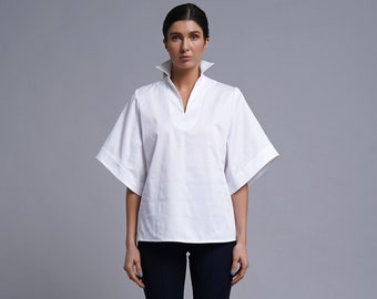 Upturned collar blouse, White standing collar blouse women,  Popped collar wide sleeve blouses, Shift cotton oversized blouse TAVROVSKA