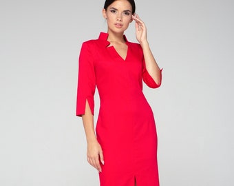 Robe de cocktail rouge, robe de soirée élégante, robe crayon d'entreprise à col en V, robe midi pour occasion spéciale, robe d'invité de mariage modeste TAVROVSKA