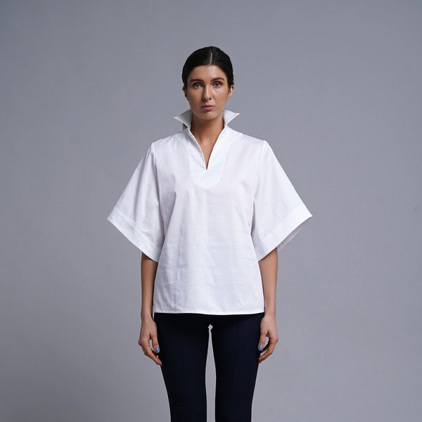 Upturned collar blouse, White standing collar blouse women,  Popped collar wide sleeve blouses, Shift cotton oversized blouse TAVROVSKA