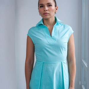 Stand-up collar shirt dress for women, Turquoise Blue pleated mini dress, Casual summer dress, Casual day dress Smart casual dress