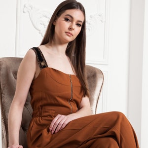 LAST SIZE 02 us (36 eu) Summer wide leg jumpsuit women, Elegant formal jumpsuit, Wedding guest dress, Brown overalls Palazzo TAVROVSKA