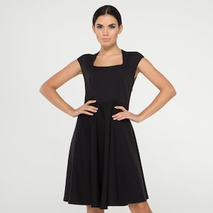 Black Cocktail Dress, Midi Party dresses for women, Wedding guest dress fall, Little black dress cap sleeves, Fit and flare dress TAVROVSKA