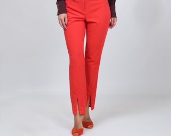 High waisted Red womens pants, Pencil cigarette trousers women, High rise business slit fitted women's pants TAVROVSKA