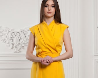 Yellow wrap dress women, High neck asian cocktail dress, Stand collar business japanese Dress, Simple midi wedding guest dress TAVROVSKA