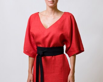 Red Linen Summer Dress, Kimono Dresses for women, Linen clothing, Wedding guest dress, Homecoming flax midi linen dress TAVROVSKA