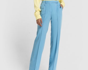 Pantalones azules de cintura alta para mujer, pantalones de pierna ancha de verano, pantalones de mujer de negocios con corte de bota de cigarrillos TAVROVSKA