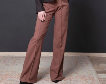 High waist palazzo pants women, Brown wide leg Pants, High rise Work Business womens trousers, Retro pants for women TAVROVSKA