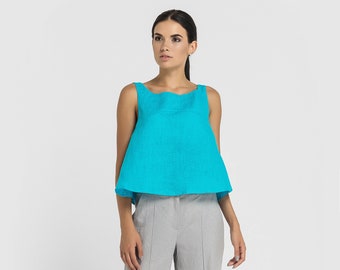 Crop Top de lino, camiseta sin mangas de túnica de lino azul, top de mujer de ropa orgánica, tops de lino hippie Boho sin mangas para mujer TAVROVSKA