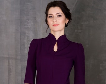 Robe midi violette à col haut, robes de cérémonie pour femmes, robe élégante avec trou de serrure avec manches, robes de soirée élégantes couleur baies TAVROVSKA