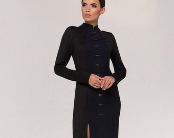 Black high neck military dress Midi cheongsam Stand collar long sleeve cocktail dress Work business front slit womens work dresses TAVROVSKA