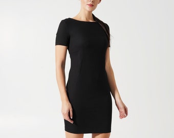 Simple black dress, Casual pencil dresses for women, Boat neck day dress women, Fitted short sleeve mini dress TAVROVSKA
