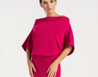 Off shoulder dress with sleeves, Hot Pink Cowl Neck Dresses for Women, Dress for Special Occasion, Kimono sleeve stretch dress TAVROVSKA