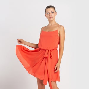 LETZTE GRÖSSE : 36 eu / Sale Lässiges Strandkleid, Sommerkleider für Frauen, Spaghettiträger-Blouson Mini-Orangen-Sommerkleid TAVEROVSKA