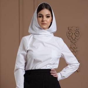 White hooded cotton shirt women, Modern work blouse long sleeve, Classic tops women, Conteporary office wear, Modern office attire TAVROVSKA