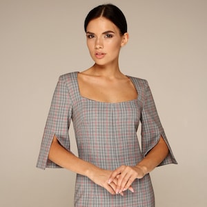 Square neck dress sheath, Pencil dress plaid, Cocktail dresses for women with sleeves, Work business dress, Professional attire TAVROVSKA