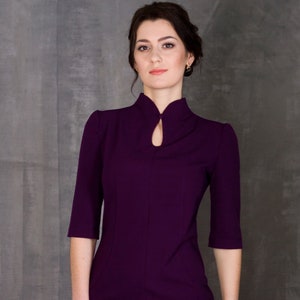 Purple mandarin collar dress midi, Elegant cocktail dress Special occasion dresses High neck wedding guest dress, Modern cheongsam