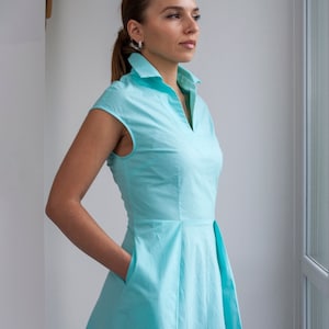 Stand-up collar shirt dress for women, Turquoise Blue pleated mini dress, Casual summer dress, Casual day dress Smart casual dress