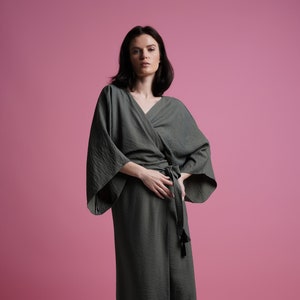 Kimono wrap maxi dress women, Summer boho long sleeve shift sundress, Kaftan beach hippie long dress, Khaki green dressing gown TAVROVSKA image 2