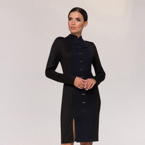 Black high neck military dress Midi cheongsam Stand collar long sleeve cocktail dress Work business front slit womens work dresses TAVROVSKA