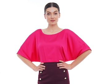 Pink kimono sleeve dolman women blouse, Satin Silk half sleeve loose tops for women, Boat neck blouse TAVROVSKA