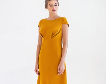 Vestido de cóctel mujer, Vestido de invitada de boda con manga casquillo, Vestido de fiesta midi línea A amarillo, Vestidos mostaza para mujer TAVROVSKA