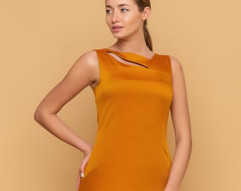 Yellow cutout midi sheath dress, Orange dresses for women, Cocktail Party Summer Dress, Wedding guest Sleeveless Pencil Dress TAVROVSKA