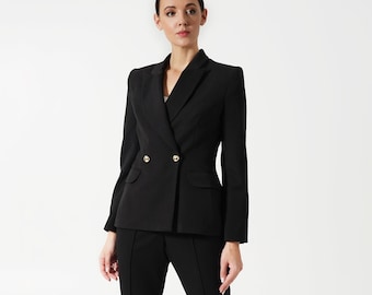 Elegant Black Pant Suit Women Tailored Two Piece Business Suit Formal Tuxedo Pant Suit Wedding Guest Professional Work Blazer set hourglass