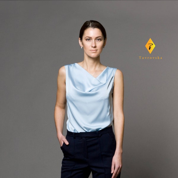 Cowl neck top, Halter Tops blouses for women, Blue satin top, Womens tops, Silk tops, Women tops blouses, Sleeveless top TAVROVSKA